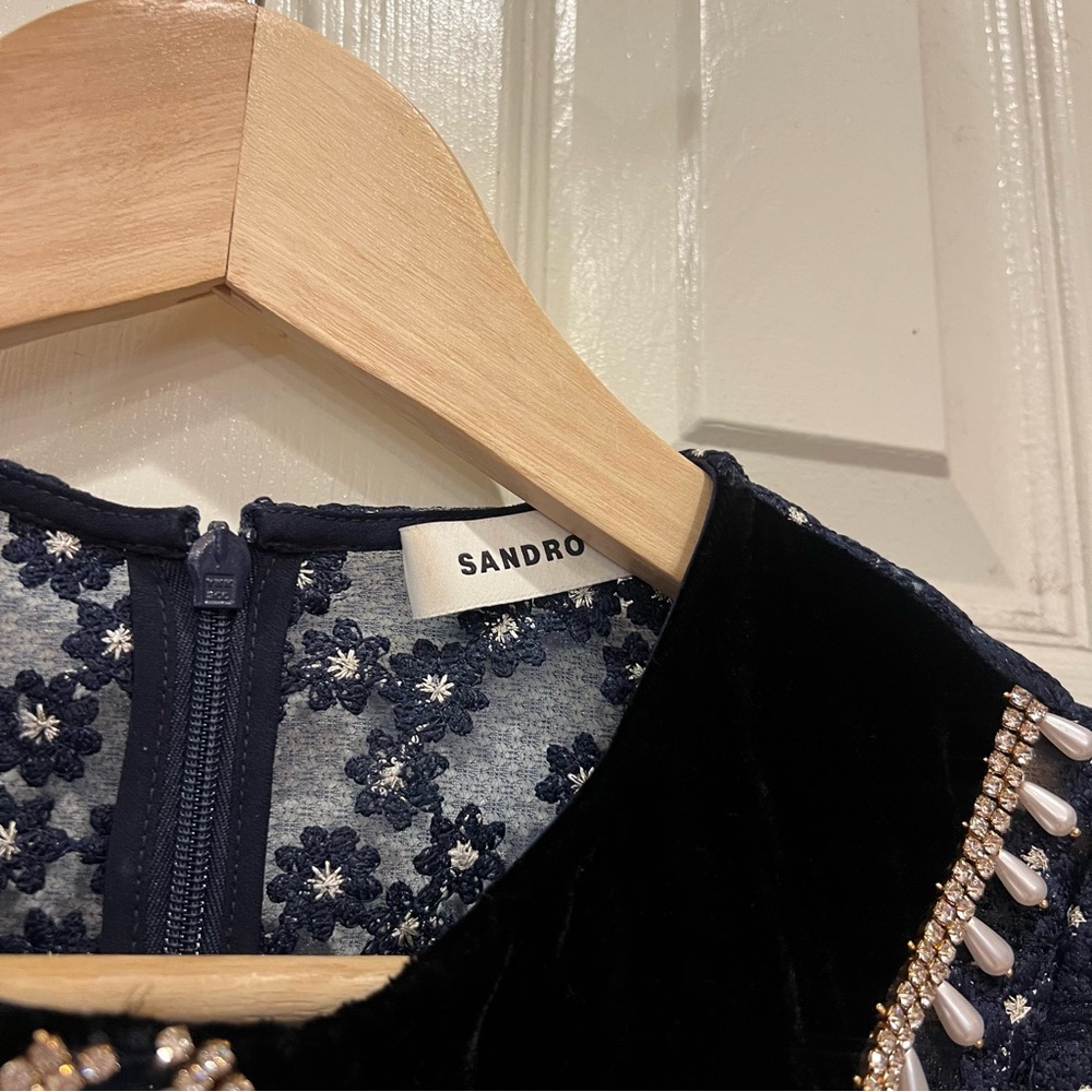 SANDRO Lucianita Dress Navy Lace Mini Dress with Beaded Collar 38 - Picture 13 of 15